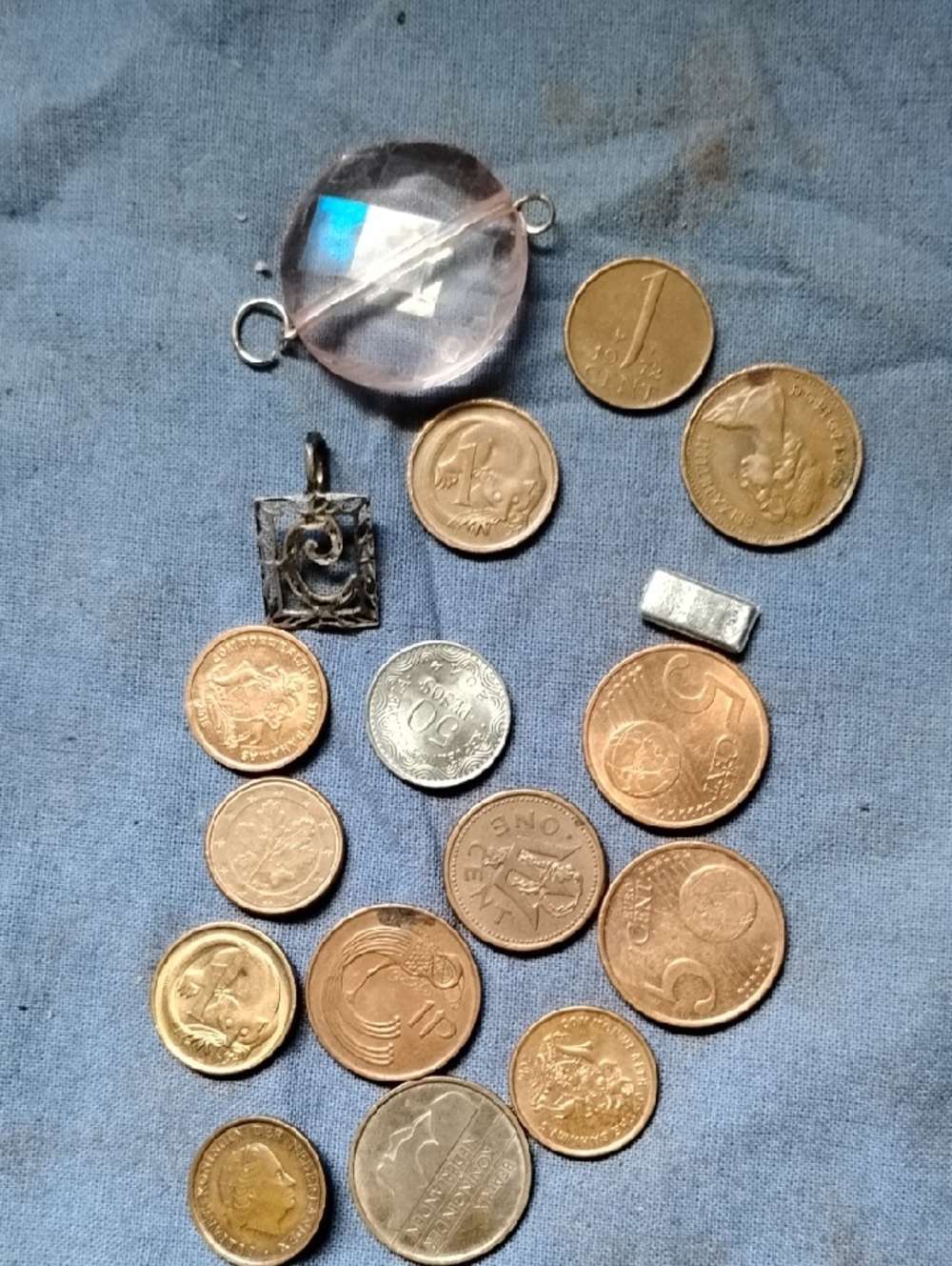 Mixed Coin Lot with Prism Gem& Mini Bar &Metal Pendant - Blue Background